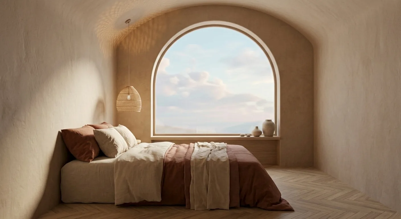 Serene Japandi bedroom concept rendered by Hiera